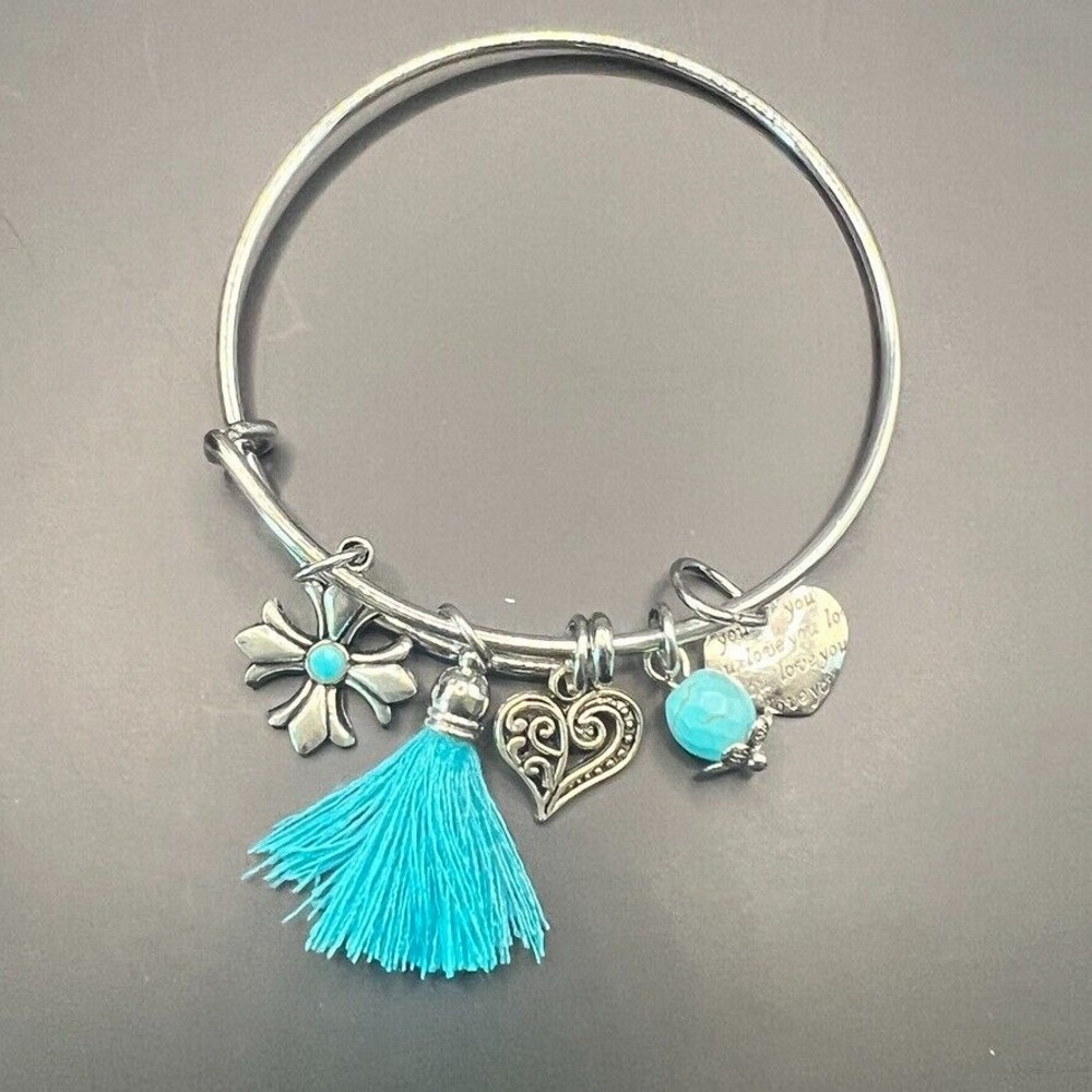 Alex and Ani Silver Bangle Bracelet Turquoise Hearts Love You Charms Adjustable